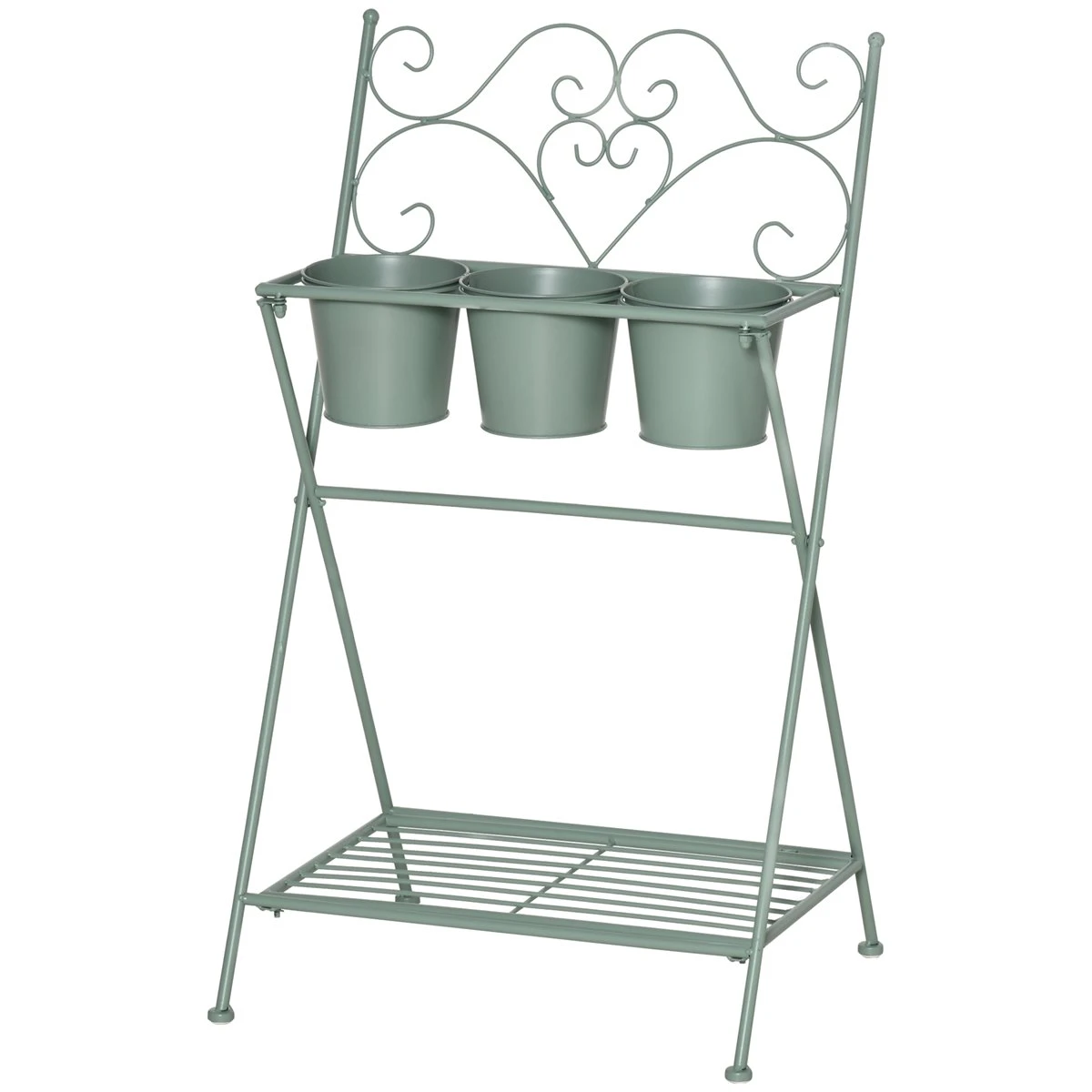 Outsunny Soporte De Metal Para Plantas Plegable Con 3 Macetas Incluidas Y Estante Inferior Porta Macetero Decorativo De Flores Para Interiores Y Exteriores 47x37x78,5 Cm Verde - Imagen 7