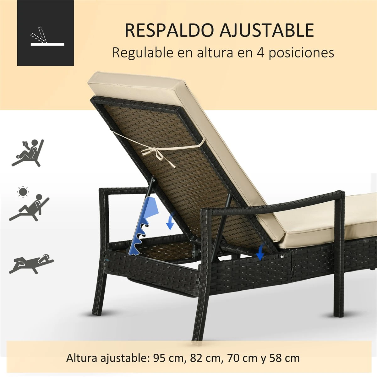 Outsunny Set De 2 Tumbonas De Ratán De Jardín Chaise Longue Con Respaldo Ajustable En 4 Posiciones Cojines Acolchados Y Desenfundables Para Terraza Patio Exterior 192x62,5x58-95 Cm Marrón Y Beige - Imagen 4