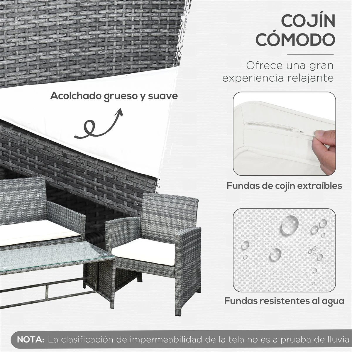 Outsunny Conjunto De Muebles De Jardín De Ratán 4 Piezas Juego De Muebles De Jardín Incluido 1 Sofá De 2 Plazas 2 Sillones Y 1 Mesa De Centro Con Tablero De Vidrio Para Terraza Gris - Imagen 5