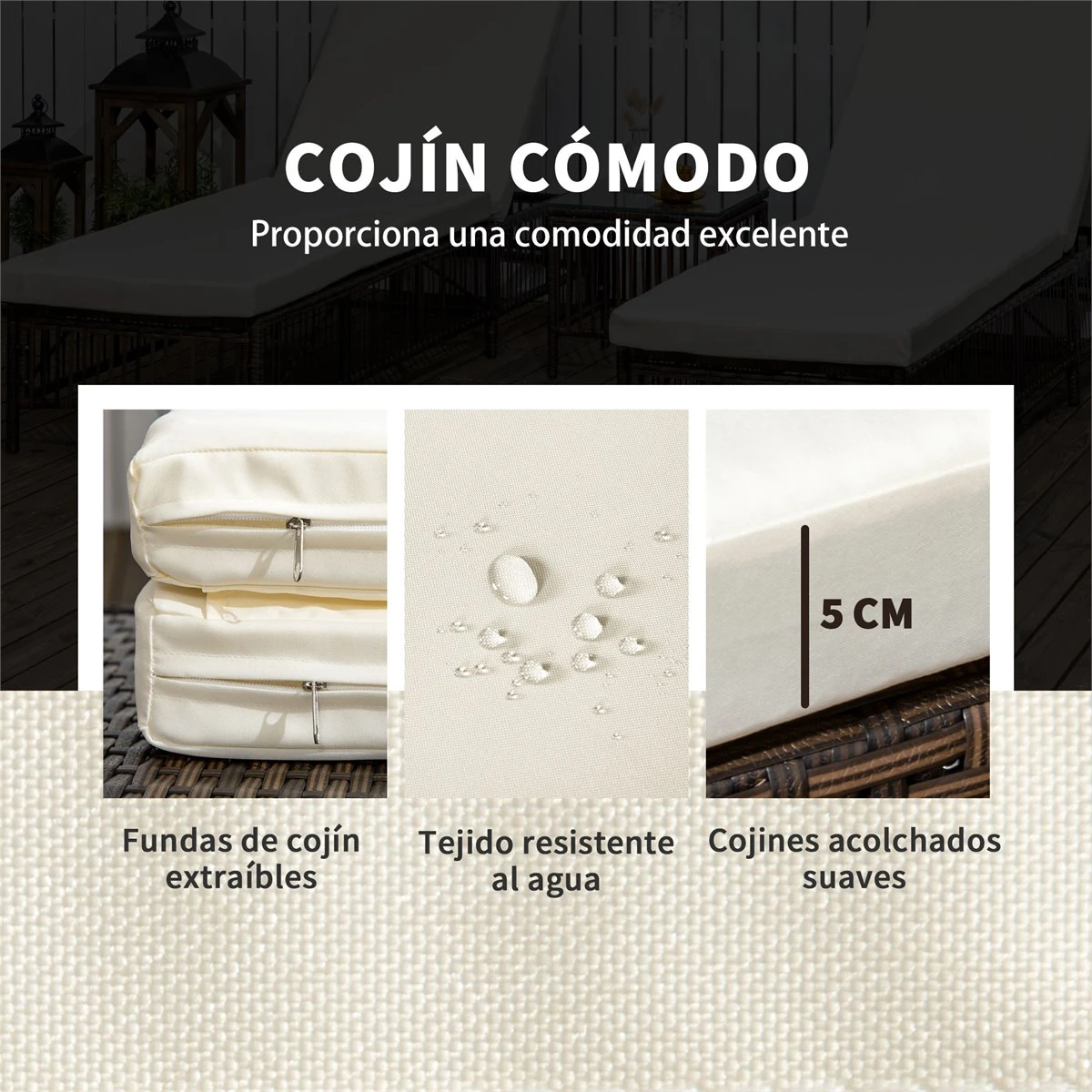 Outsunny Conjunto De 2 Tumbonas De Jardín Exterior Tumbonas De Mimbre Tejido Con Mesa De Tapa De Vidrio Respaldo Reclinable De 5 Posiciones Y Cojines Suaves 196x54x32 Cm Negro - Imagen 5