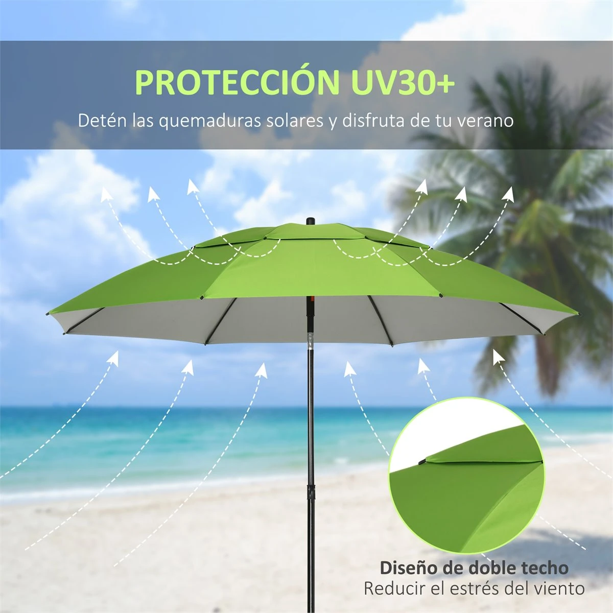Outsunny Sombrilla De Playa Ø185x205 Cm Parasol Para Terraza Con Techo Doble Ángulo Ajustable Protección UV30+ 8 Varillas De Acero Y Bolsa De Transporte Verde - Imagen 4