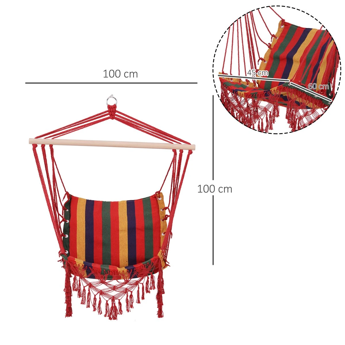 Outsunny Silla Hamaca Colgante Tejido De Algodón Poliéster Carga 100 Kg Sillón Colgante Para Interior Exterior Terraza 100x60x100 Cm Multicolor - Imagen 3