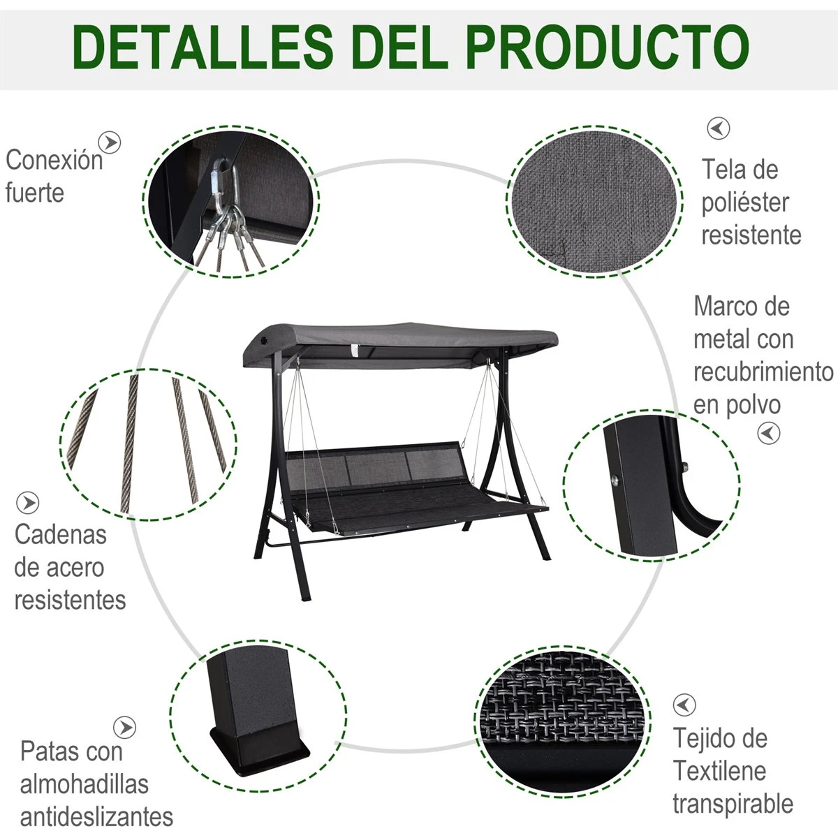 Outsunny Balancín Con Toldo Ajustable De 3 Plazas Columpio De Jardín Con Dosel Cojines Para Exterior Terraza Patio Carga 270 Kg 200x115x168 Cm Gris - Imagen 7