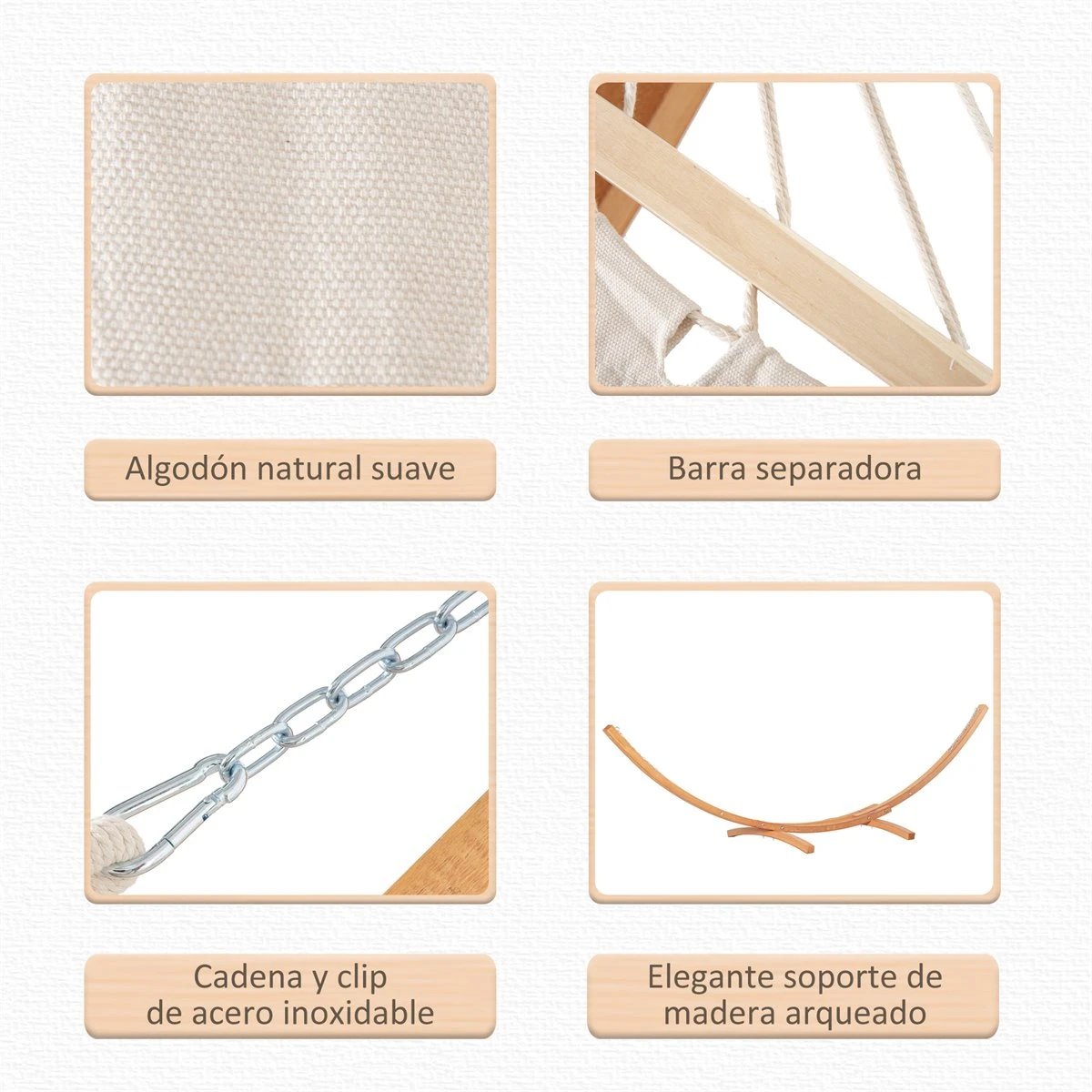 Outsunny Hamaca Con Soporte De Madera Hamaca De Jardín Colgante Con Marco Y Tumbona De Algodón 200x120 Cm Para Terraza Balcón Carga 150 Kg 392x120x102 Cm Blanco Y Natural - Imagen 6