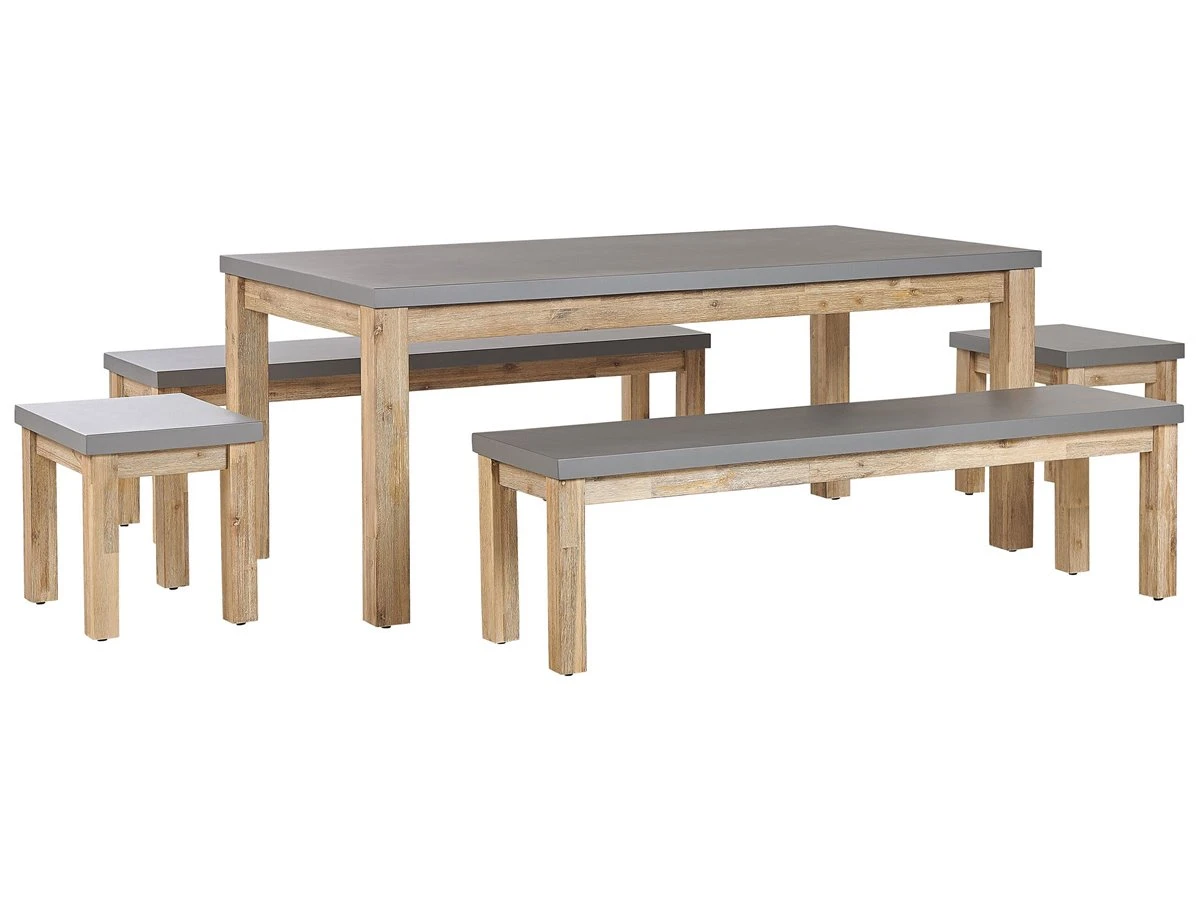 Conjunto De Jardín Mesa 2 Bancos Y 2 Taburetes De Cemento Reforzado Gris/madera Clara OSTUNI - Imagen 2