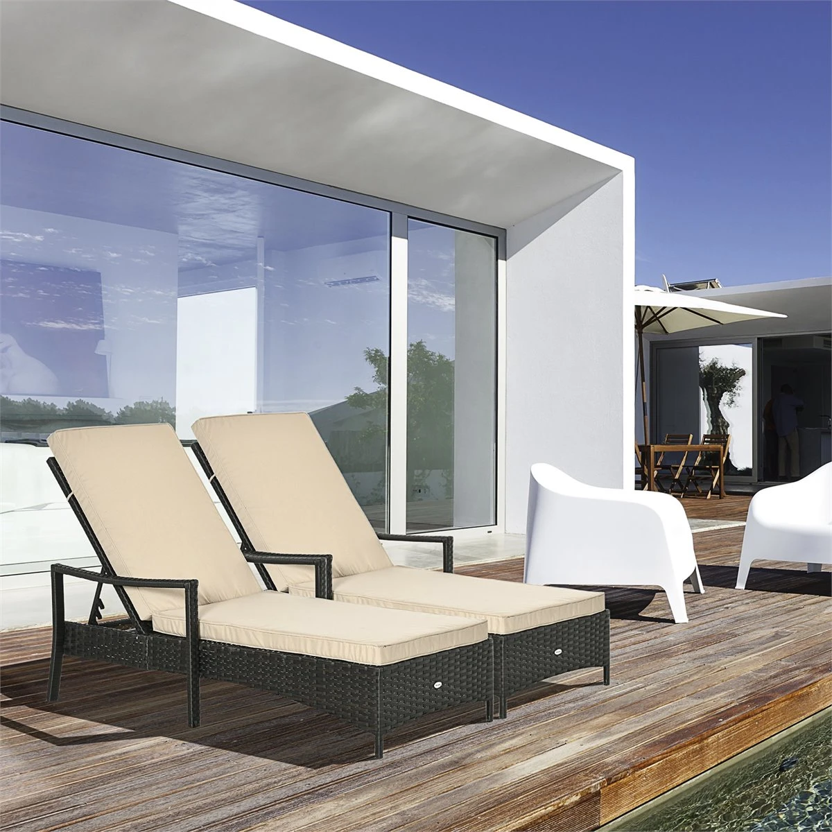Outsunny Set De 2 Tumbonas De Ratán De Jardín Chaise Longue Con Respaldo Ajustable En 4 Posiciones Cojines Acolchados Y Desenfundables Para Terraza Patio Exterior 192x62,5x58-95 Cm Marrón Y Beige - Imagen 2