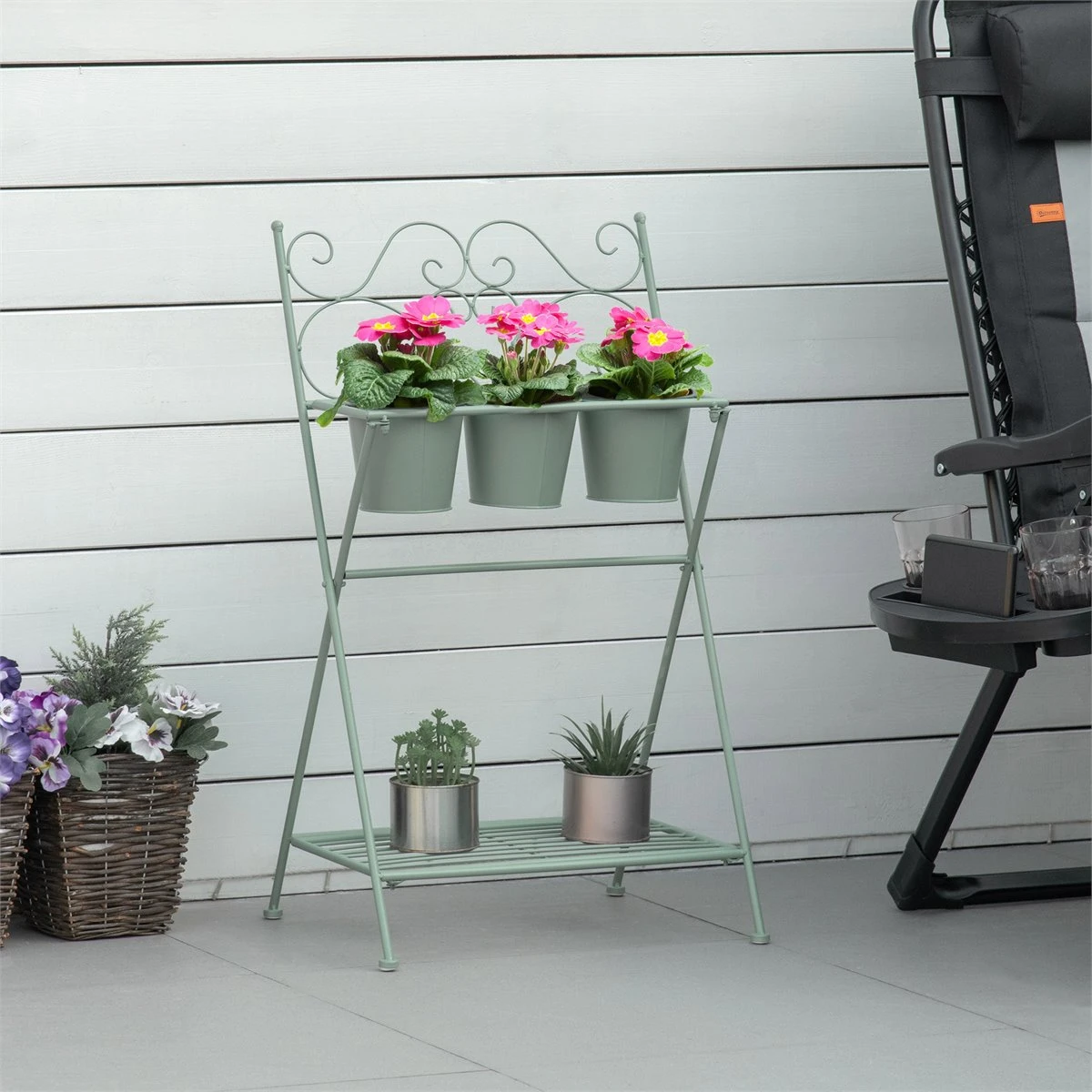 Outsunny Soporte De Metal Para Plantas Plegable Con 3 Macetas Incluidas Y Estante Inferior Porta Macetero Decorativo De Flores Para Interiores Y Exteriores 47x37x78,5 Cm Verde - Imagen 2