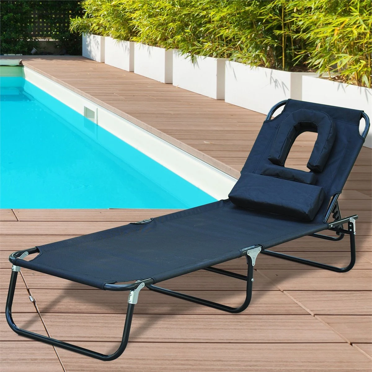 Outsunny Tumbona Plegable Con Respaldo Ajustable En 4 Posiciones Tumbona De Jardín Con Almohada Marco De Acero Y Tela Oxford Para Camping Playa Terraza 190x56x28 Cm Negro - Imagen 2