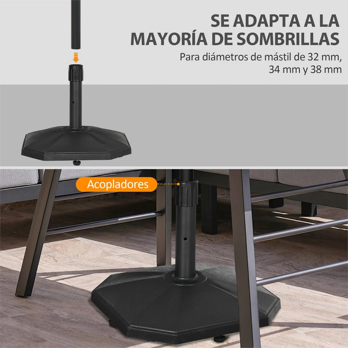 Outsunny Base De Sombrilla Peso 18 Kg Soporte Para Parasol De Cemento Para Mástil De Ø32/34/38 Mm Pie De Parasol Para Jardín Balcón 46x46x39 Cm Negro - Imagen 4