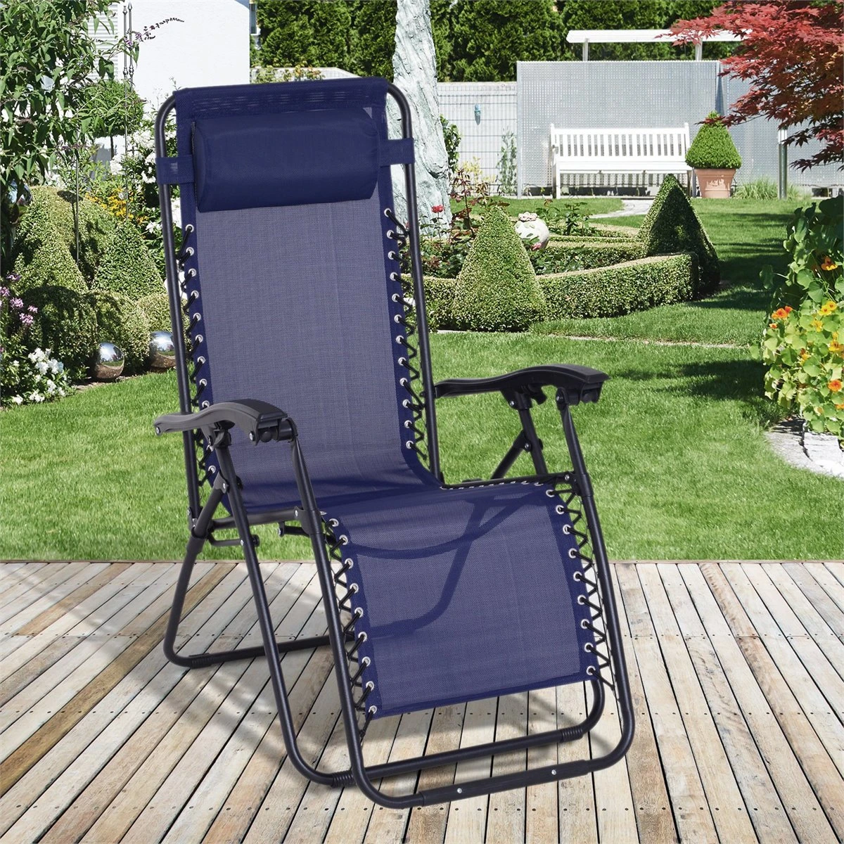Outsunny Tumbona Plegable De Jardín Silla Gravedad Cero Sillón De Playa Relajante Texteline Marco Acero Carga 120kg 90x65x110 Cm Azul - Imagen 2