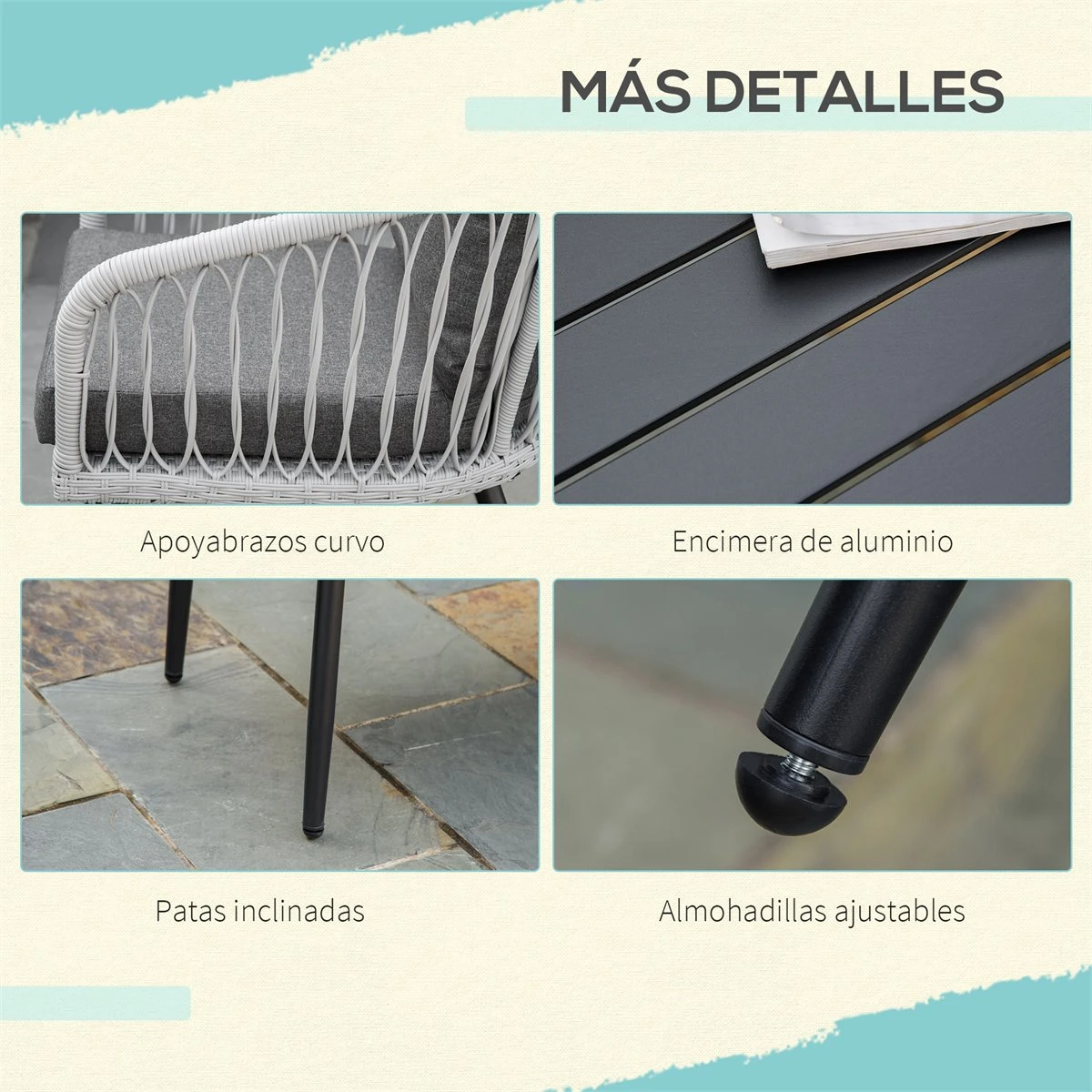 Outsunny Conjunto De Muebles De Ratán Y Aluminio Juego De Muebles De Jardín 4 Piezas Mesa De Café Sofá De 3 Plazas Y 2 Sillones Con Cojines Para Terraza Exterior Gris - Imagen 7