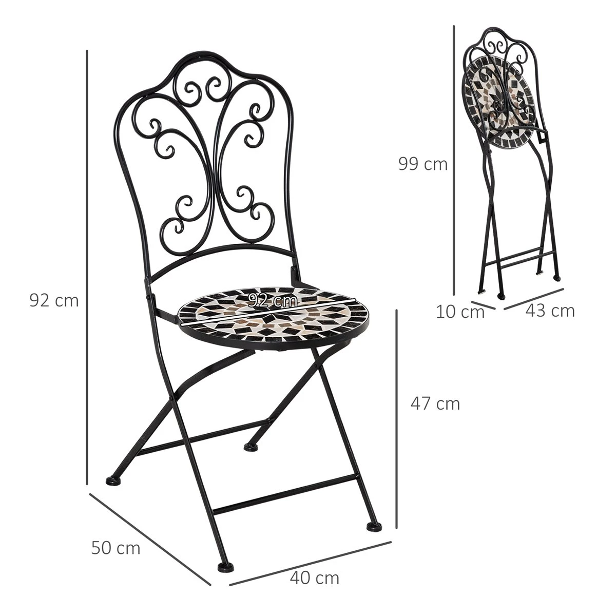 Outsunny Set De 2 Sillas De Jardín Plegables Con Asiento De Mosaico Cerámico Y Marco De Metal Carga 120 Kg Para Bistró Terraza Patio Exterior 40x50x92 Cm Negro - Imagen 3