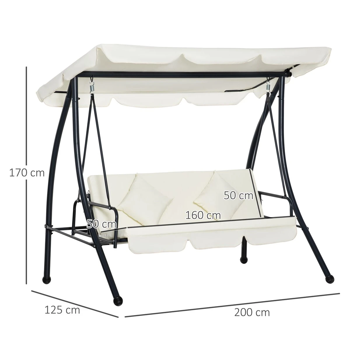 Outsunny Columpio Balancín Jardín De 3 Plazas Convertible En Cama Con Techo Ajustable Cojín Acolchado Y Almohadas Para Balcón Terraza Carga 340 Kg Acero 200x125x170 Cm Crema - Imagen 3