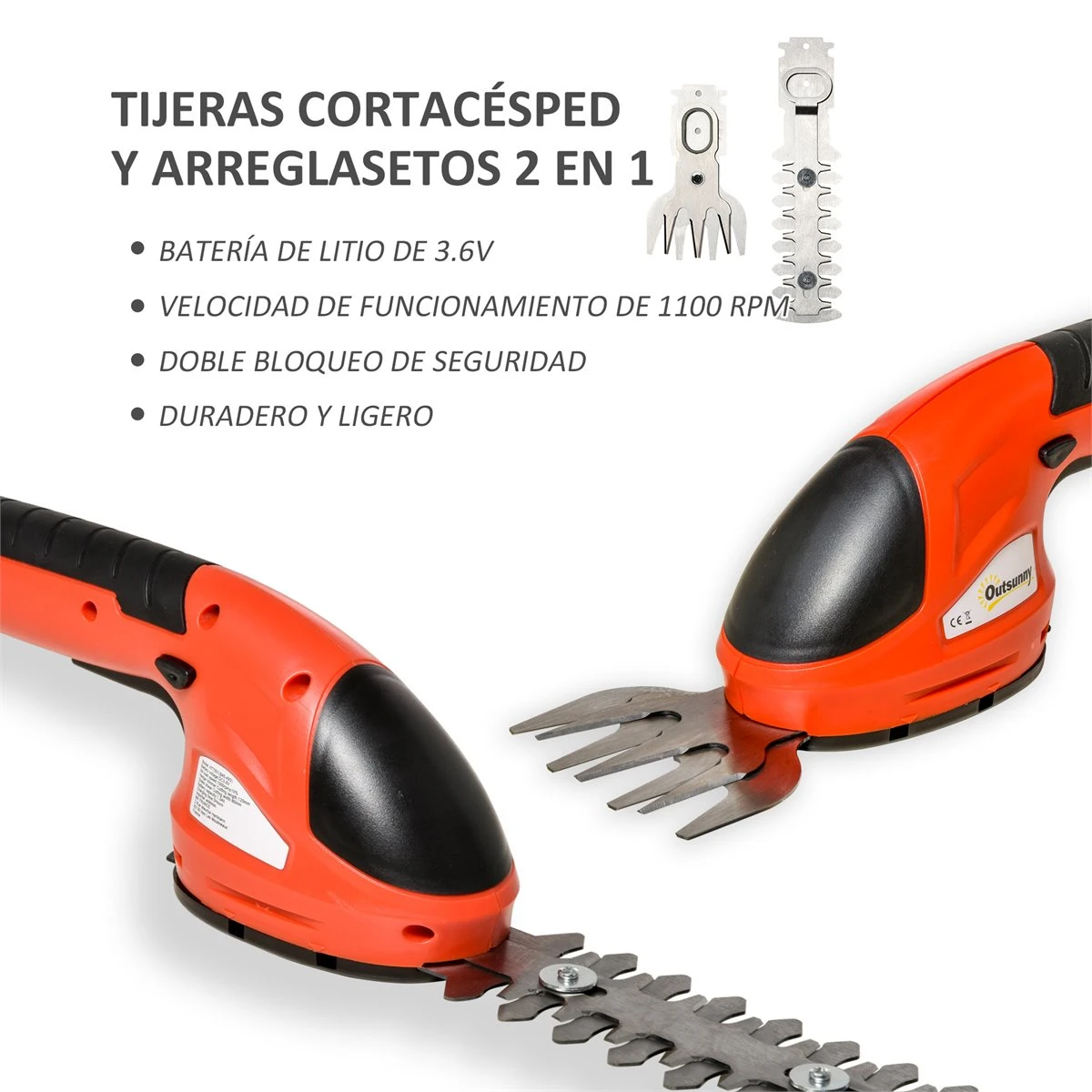 Outsunny Tijeras Cortacésped Y Arreglasetos 2 En 1 A Batería De 3.6V Con 2 Cuchillas Ancho De Corte 12 Cm/8 Cm Para Setos Césped Llave De Seguridad 37x6x9,5 Cm Rojo Y Negro - Imagen 4