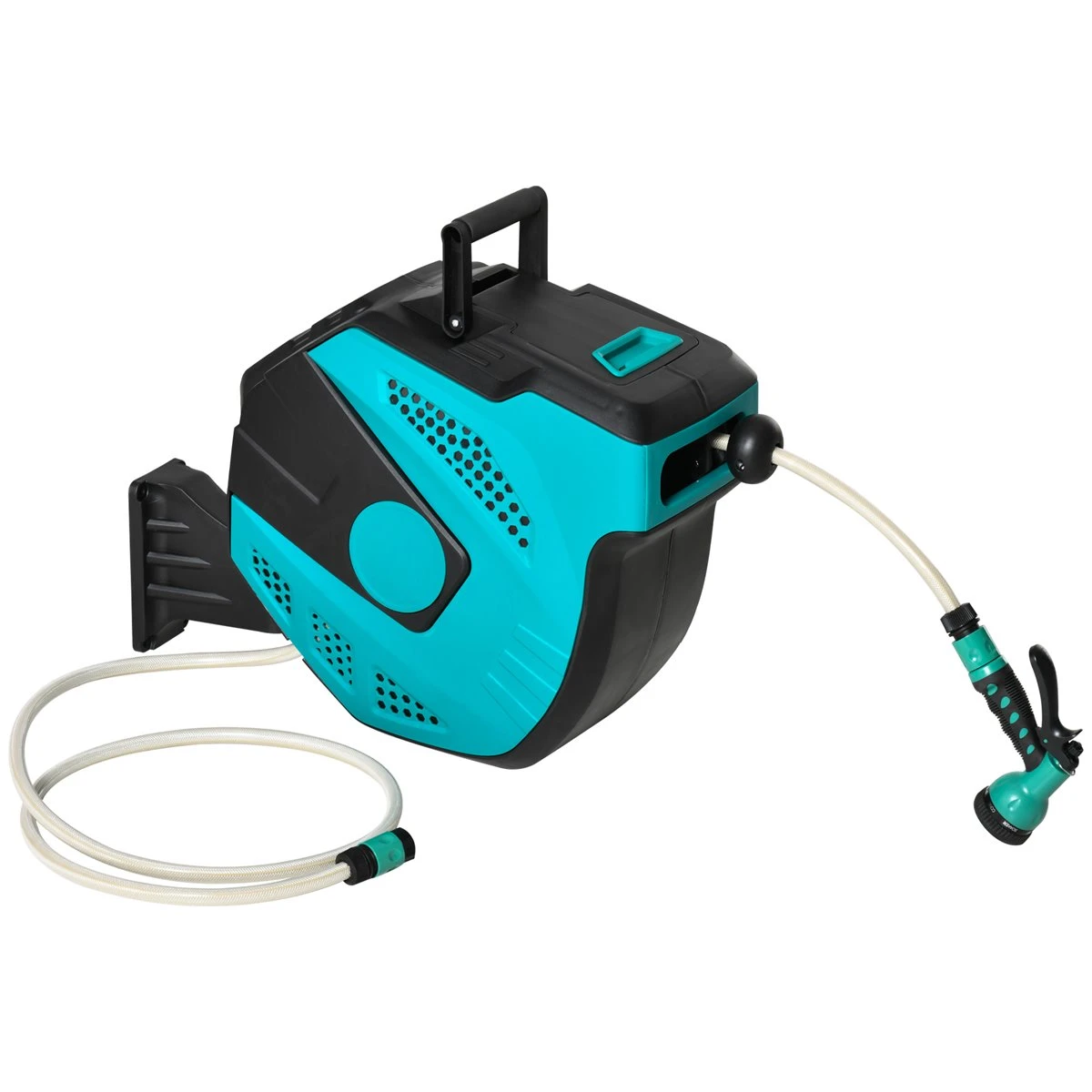 Outsunny Carrete De Manguera De Jardín 20M+1,95M Manguera De Riego Montado En Pared Enrollador Automático Con 7 Modos De Pulverización 180° Giratorio 52x43x24 Cm Negro Y Verde