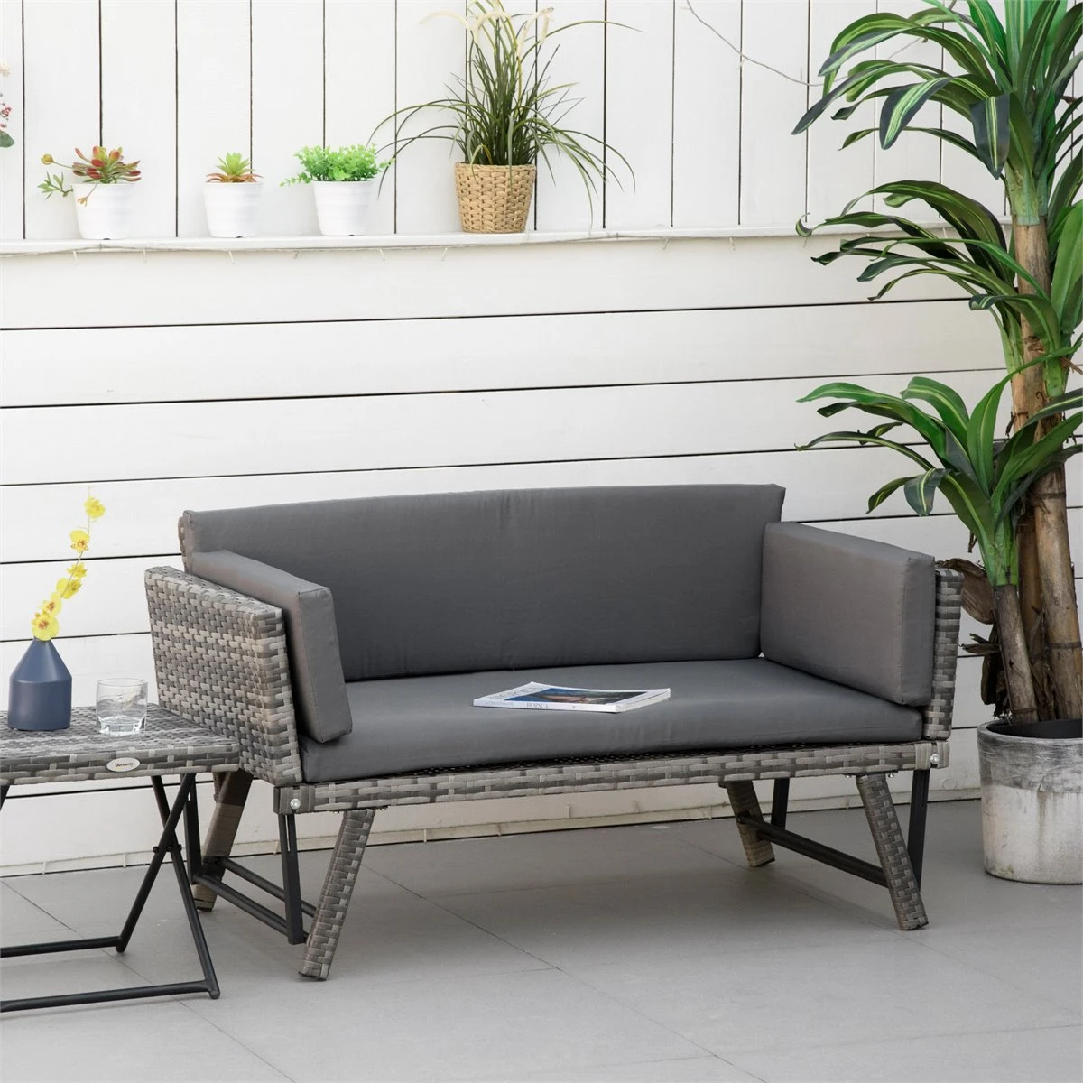 Outsunny Sofá De Ratán De 2 Plazas Convertible En Cama Individual Con Reposabrazos Abatibles Y Cojines Acolchados Jardín Patio Terraza 129x63x67 Cm Gris - Imagen 2