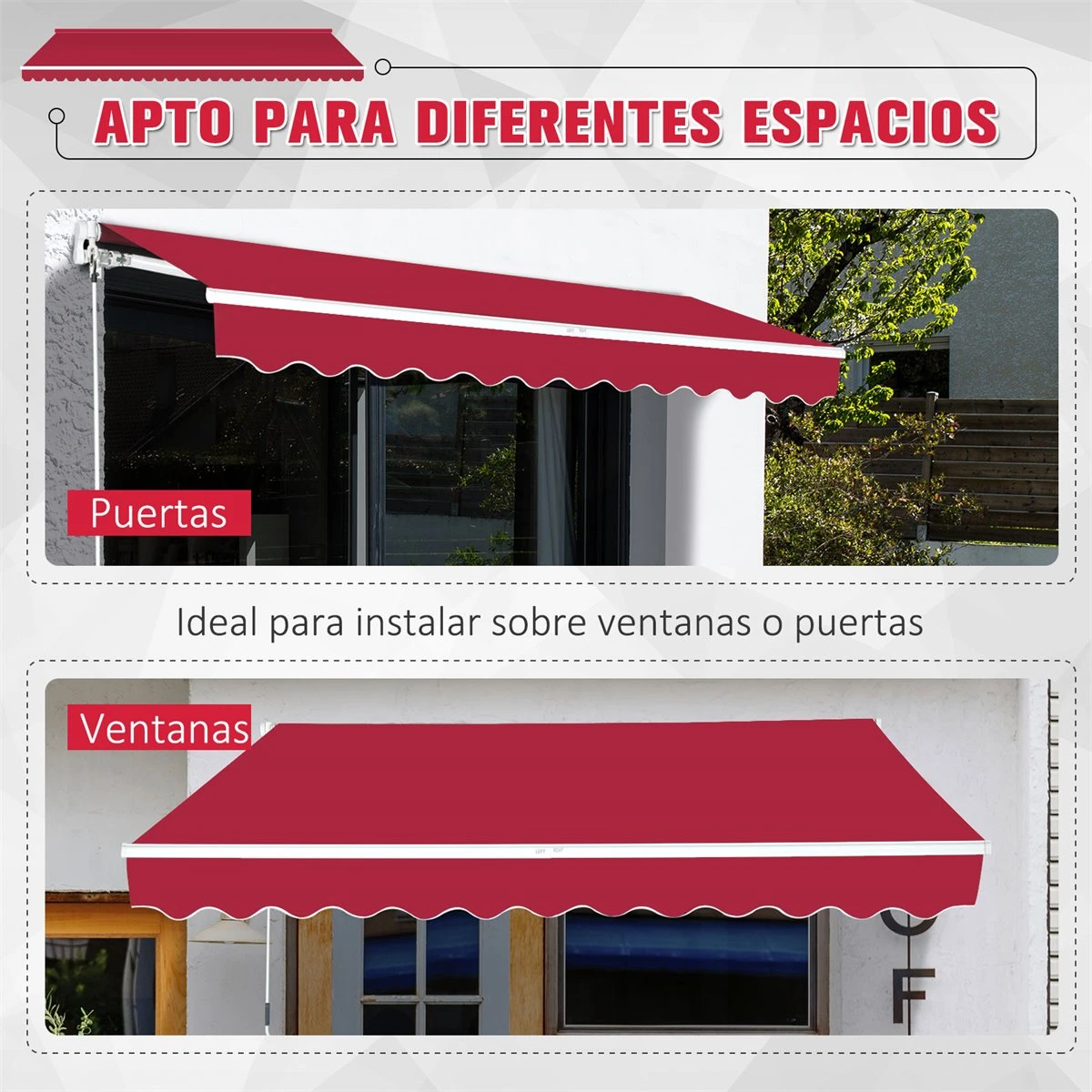 Outsunny Toldo Manual 395x245 Cm Toldo Para Patio Balcón Terraza Y Jardín Con Brazo Articulado De Aluminio Y Tela De Poliéster De 280g/m2 (Rojo) - Imagen 5
