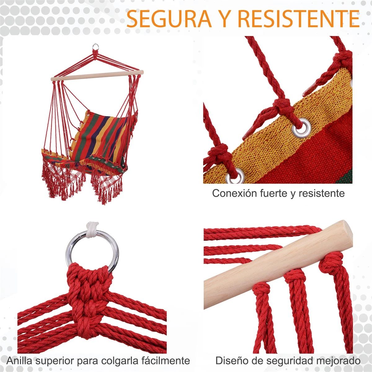 Outsunny Silla Hamaca Colgante Tejido De Algodón Poliéster Carga 100 Kg Sillón Colgante Para Interior Exterior Terraza 100x60x100 Cm Multicolor - Imagen 4