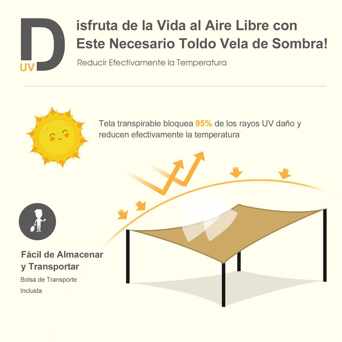 Outsunny - Toldo Vela Cuadrado (varios Tamaños Y Colores), Tamaño 3x3m, Color Arena - Imagen 3