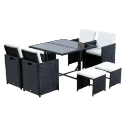 Outsunny Conjunto De Muebles De Jardín Comedor 9 Piezas De Ratán Apilables Con Cojines Para Terraza 1 Mesa 4 Sillas Y 4 Taburetes De Exterior Elegante Negro