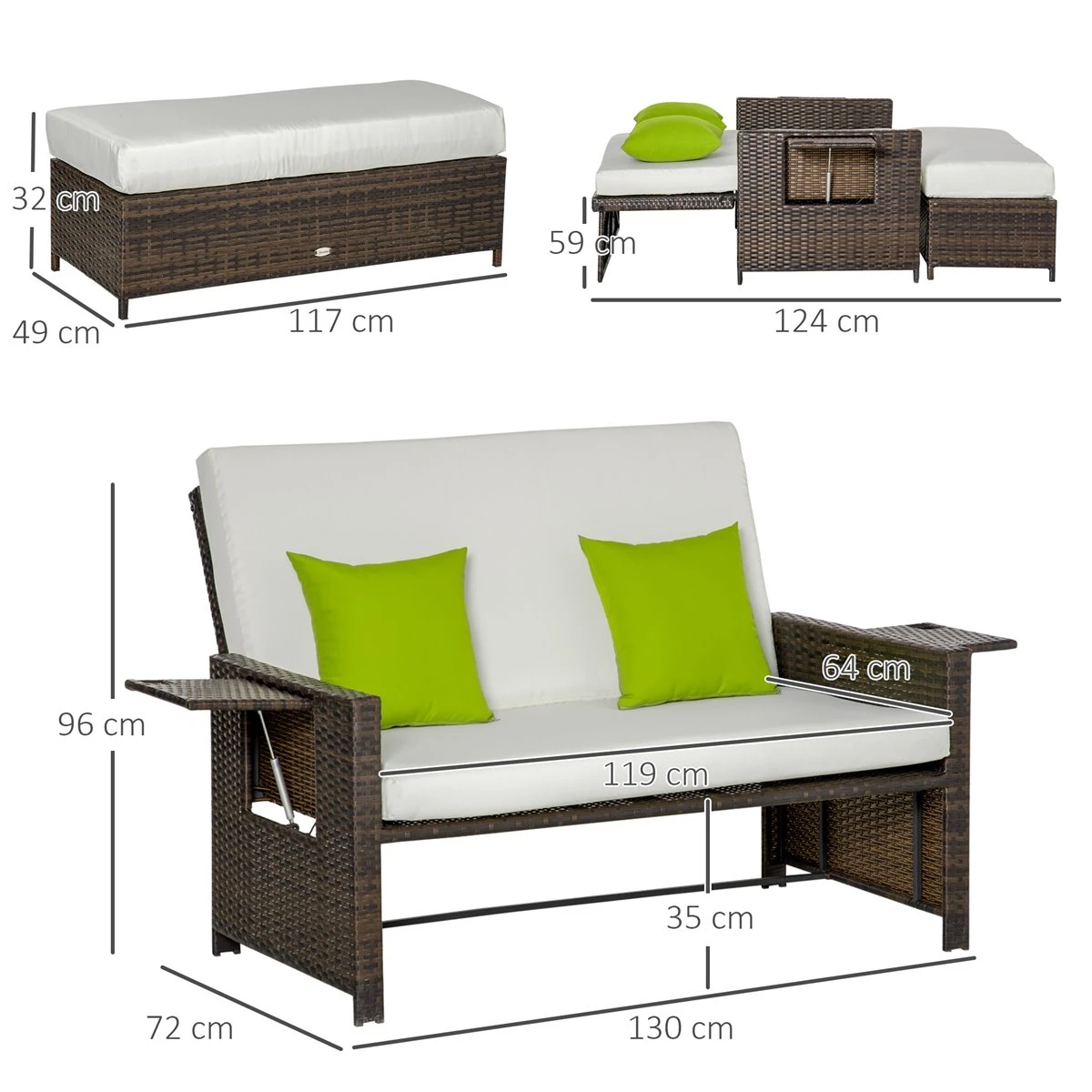 Outsunny Sofá De Ratán De 2 Plazas Con Mesitas Y Reposapiés De Almacenaje Tumbona De Jardín Con Respaldo Inclinable Y Cojines Gruesos Desenfundables 130x72x96 Cm Marrón Y Beige - Imagen 3