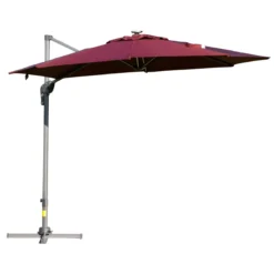 Outsunny Sombrilla De 300 Cm De Aluminio Luces LED Protección UV 50+ Giratorio 360° Con Manivela Panel Solar Techo Reclinable Base Cruzada Rojo