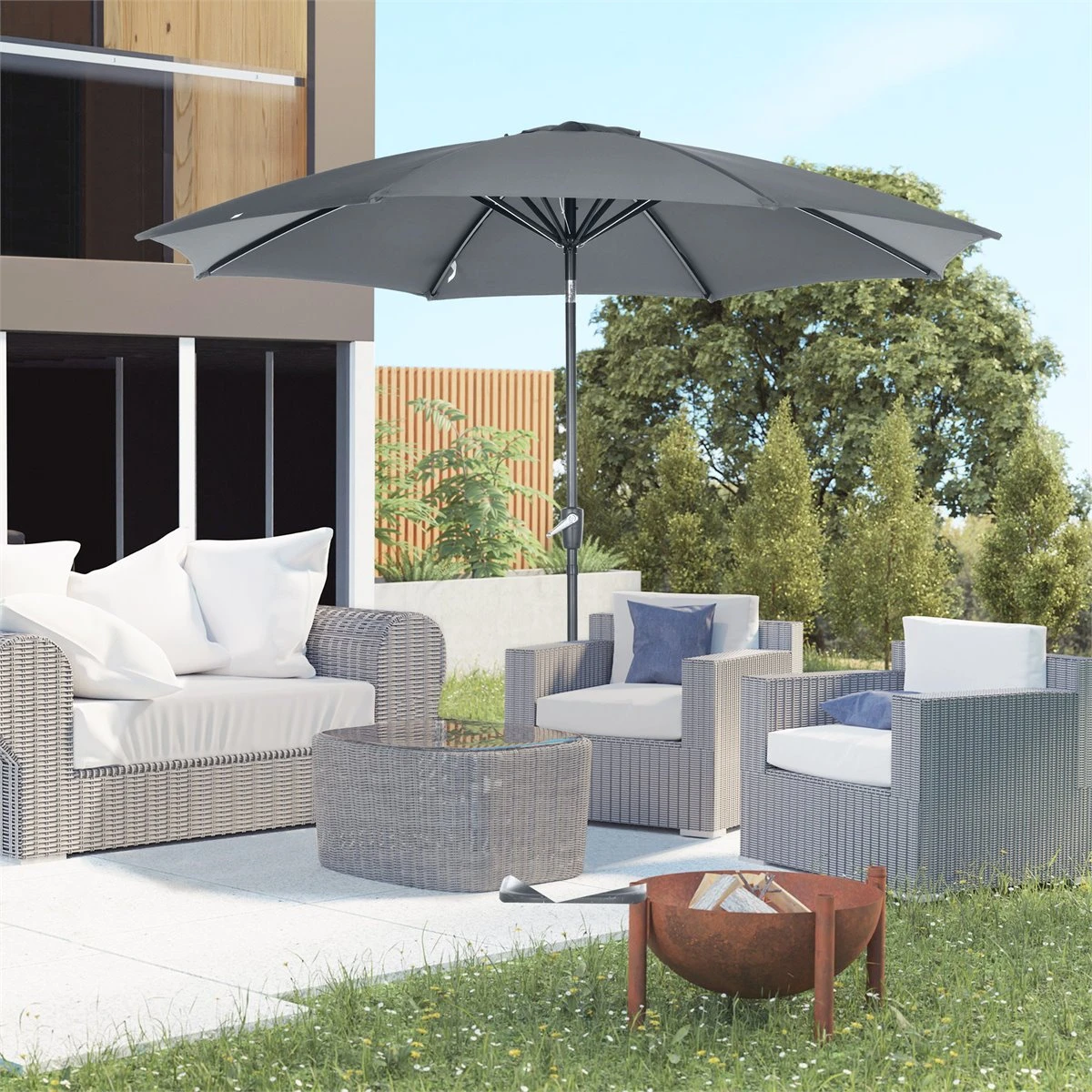 Outsunny Sombrilla De Jardín Ø300x240 Cm Parasol De Terraza Con Manivela Techo Inclinable Y 8 Varillas De Metal Para Patio Balcón Exterior Gris - Imagen 2