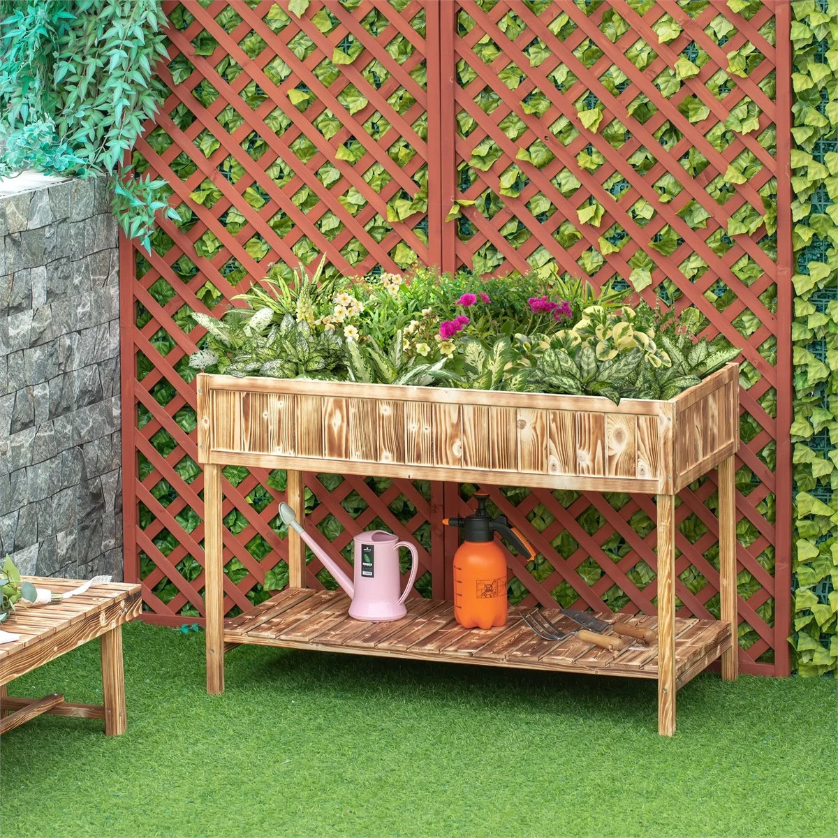 Outsunny Huerto Urbano De Madera 120x60x81 Cm Jardinera Elevada Para Cultivo De Plantas Flores Con Estante Inferior Para Jardín Terraza Exterior Carbanizado - Imagen 2