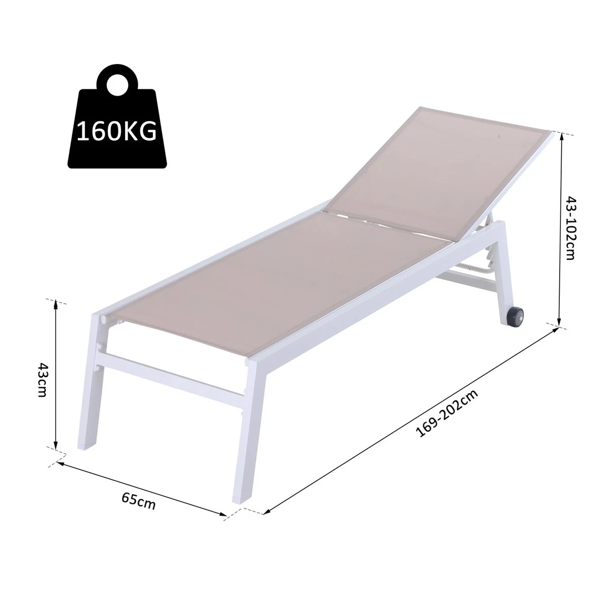 Outsunny Tumbona Multiposiciones De Jardín Con Respaldo Reclinable En 5 Posiciones De Aluminio Y Texteline Carga 160 Kg Para Patio Terraza 202x65x43 Cm Beige - Imagen 3