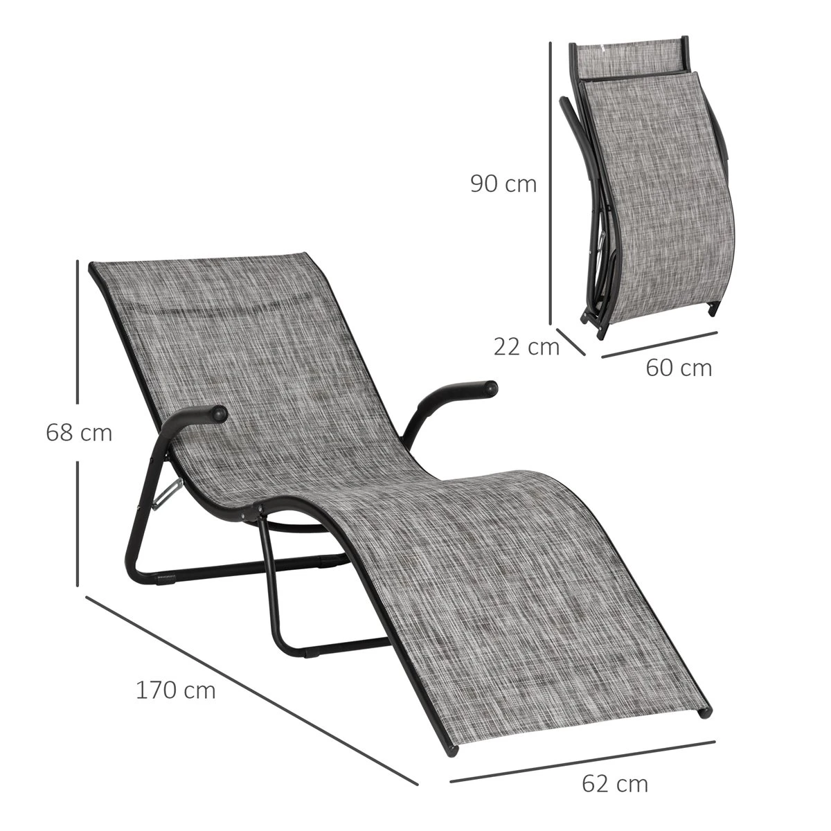 Outsunny Tumbona Plegable De Jardín Con Reposabrazos Reposapiés Respaldo Transpirable Y Marco De Metal Ergonómico Para Terraza Playa Camping 170x62x68 Cm Gris - Imagen 3