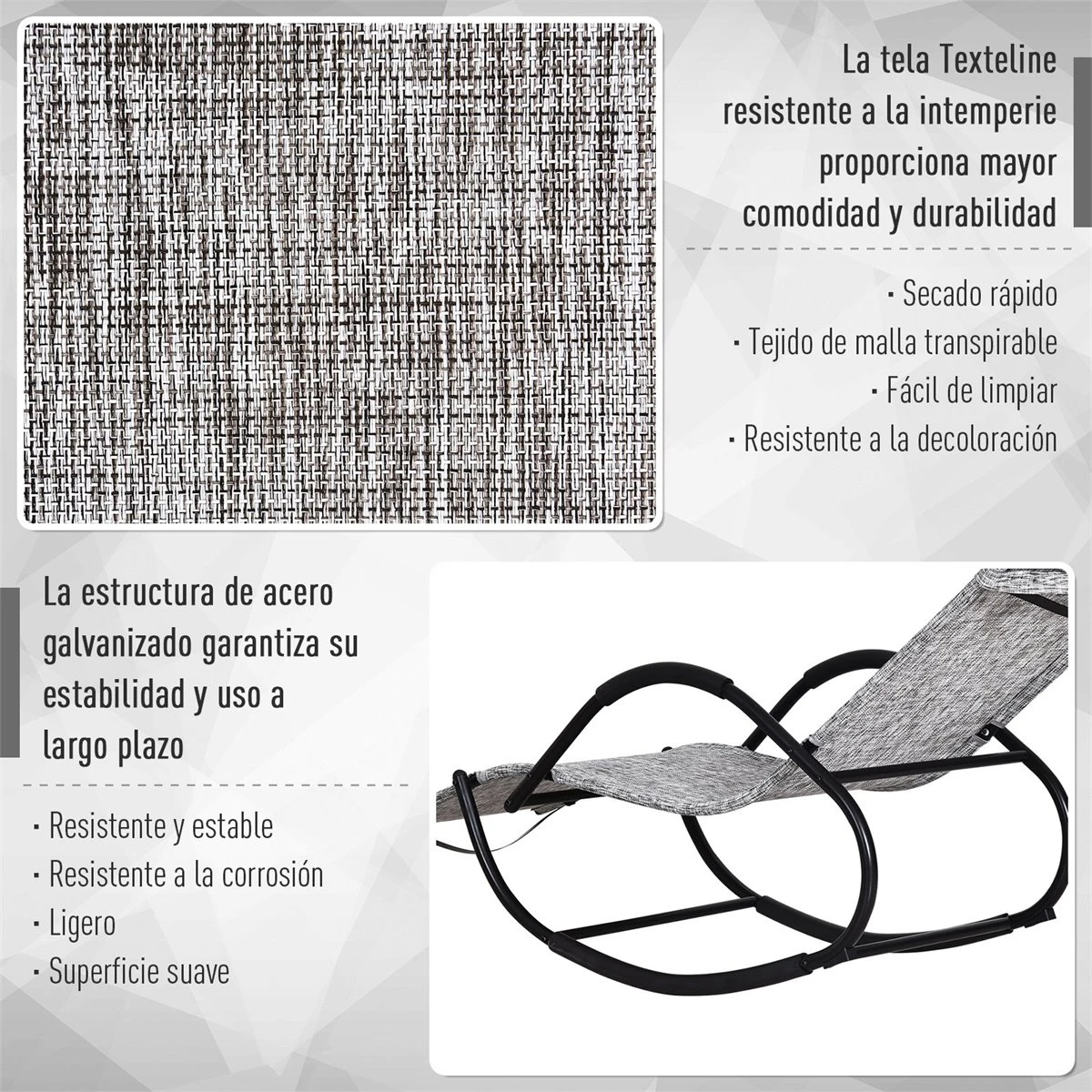 Outsunny Mecedora Para Exterior Tumbona Con Reposabrazos Y Función Balancín Para Terraza 160x61x79 Cm Gris - Imagen 6