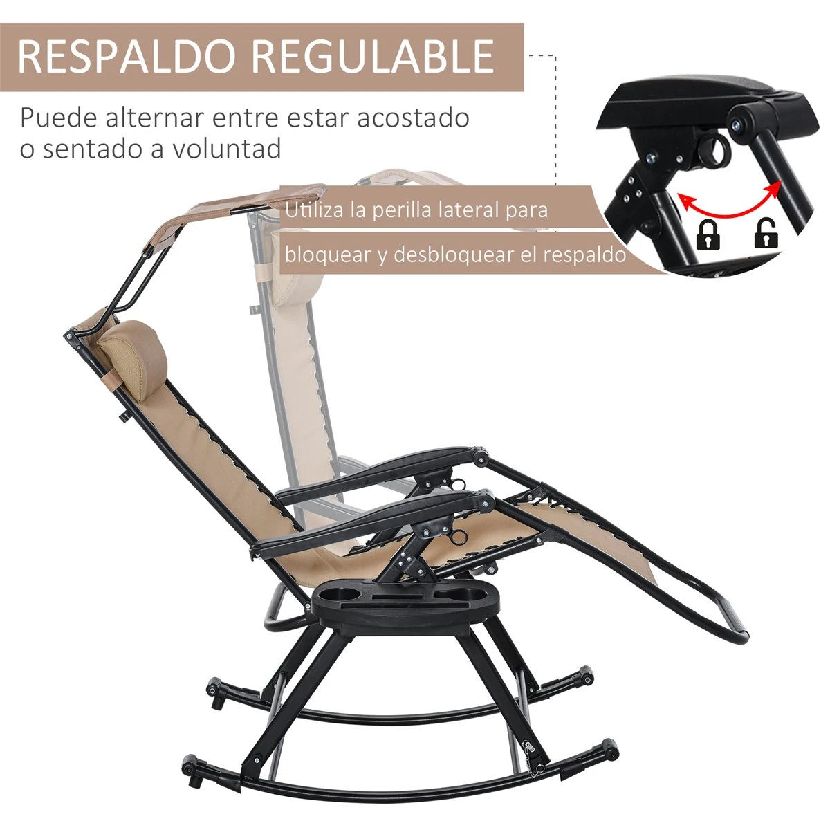 Outsunny Silla Mecedora De Jardín Plegable Tumbona Reclinable Con Techo Protección Solar Reposacabezas Extraíble Y Reposapiés Estructura De Acero 120x67x102 Cm Beige - Imagen 5