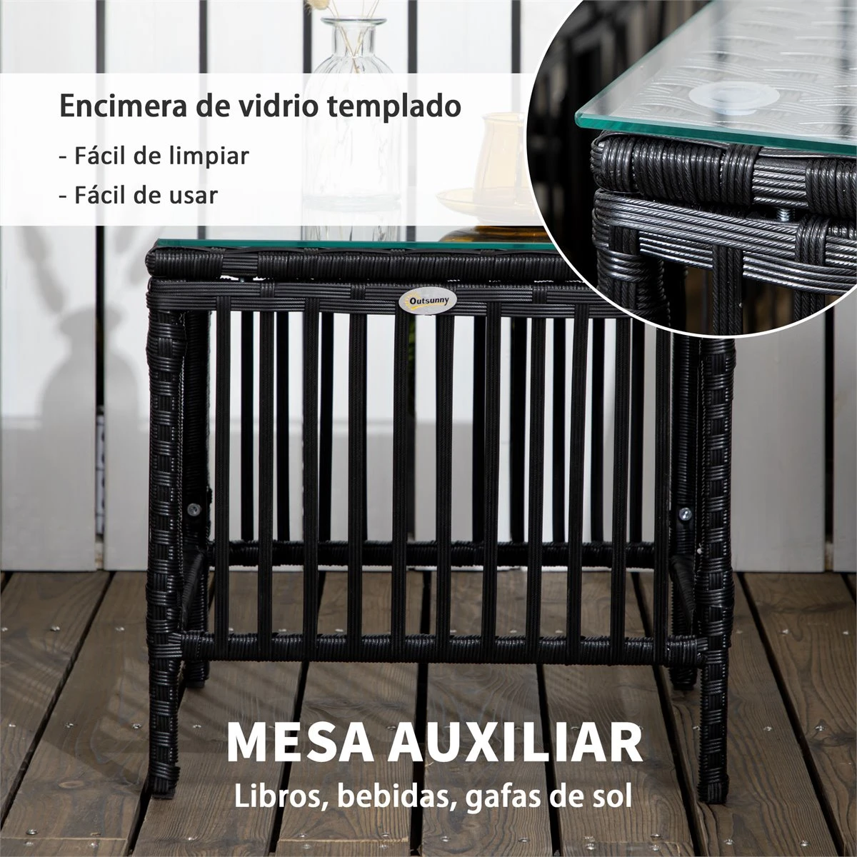 Outsunny Conjunto De 2 Tumbonas De Jardín Exterior Tumbonas De Mimbre Tejido Con Mesa De Tapa De Vidrio Respaldo Reclinable De 5 Posiciones Y Cojines Suaves 196x54x32 Cm Negro - Imagen 7