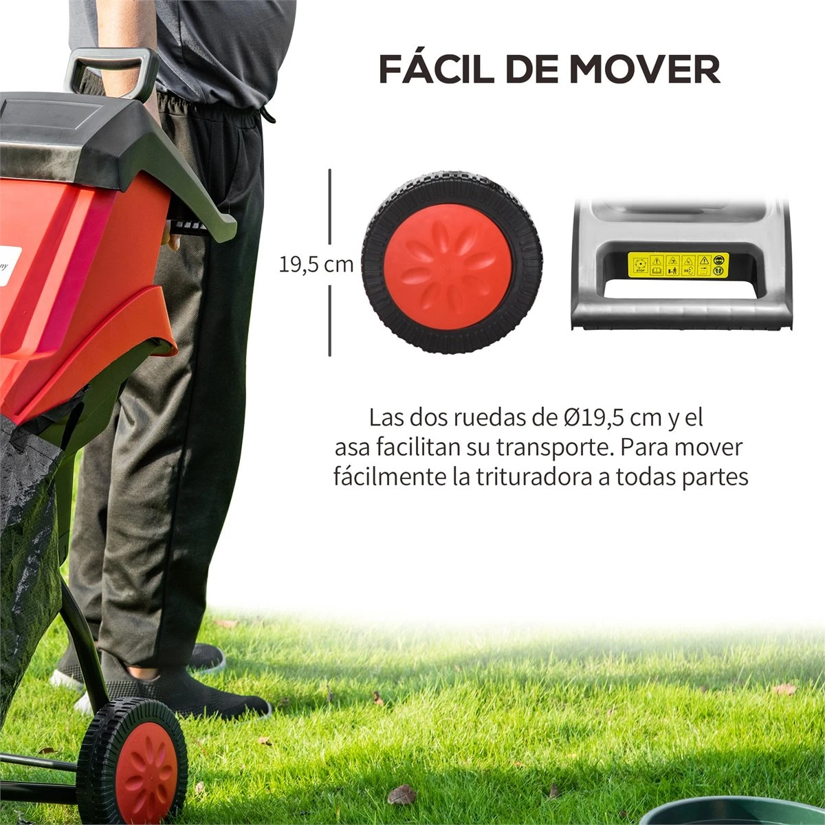 Outsunny Trituradora De Jardín 2500W Con 2 Cuchillas De Volteo Hasta Ø40 Mm De Ramas Bolsa De Recolección De 50L Y Ruedas Para Malas Hierbas 52x39x89 Cm Negro Y Rojo - Imagen 7