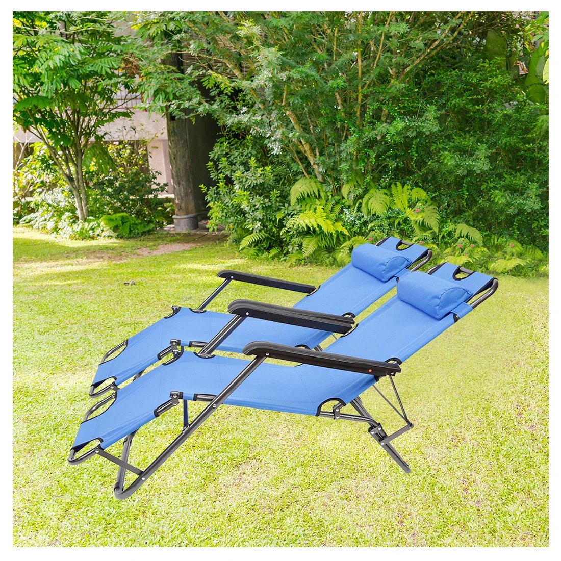 Acomoda Textil – Set De 2 Tumbonas Plegables De Metal Para Jardín. Silla Reclinable Resistente Y Duradera, Reposacabezas Extraible Y Lavable Para Camping, Terraza Y Playa. (Modelo D, Azul) - Imagen 3