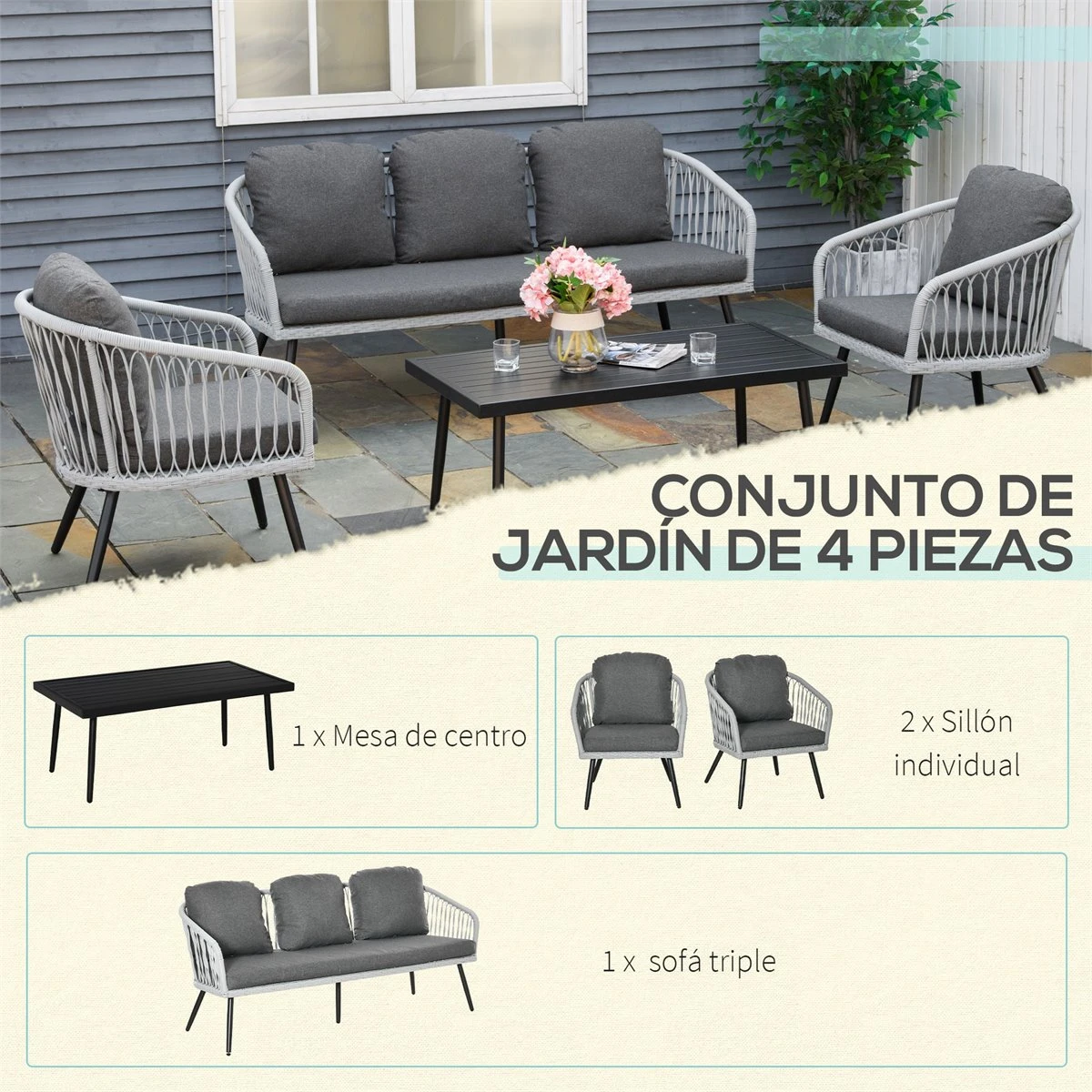 Outsunny Conjunto De Muebles De Ratán Y Aluminio Juego De Muebles De Jardín 4 Piezas Mesa De Café Sofá De 3 Plazas Y 2 Sillones Con Cojines Para Terraza Exterior Gris - Imagen 5