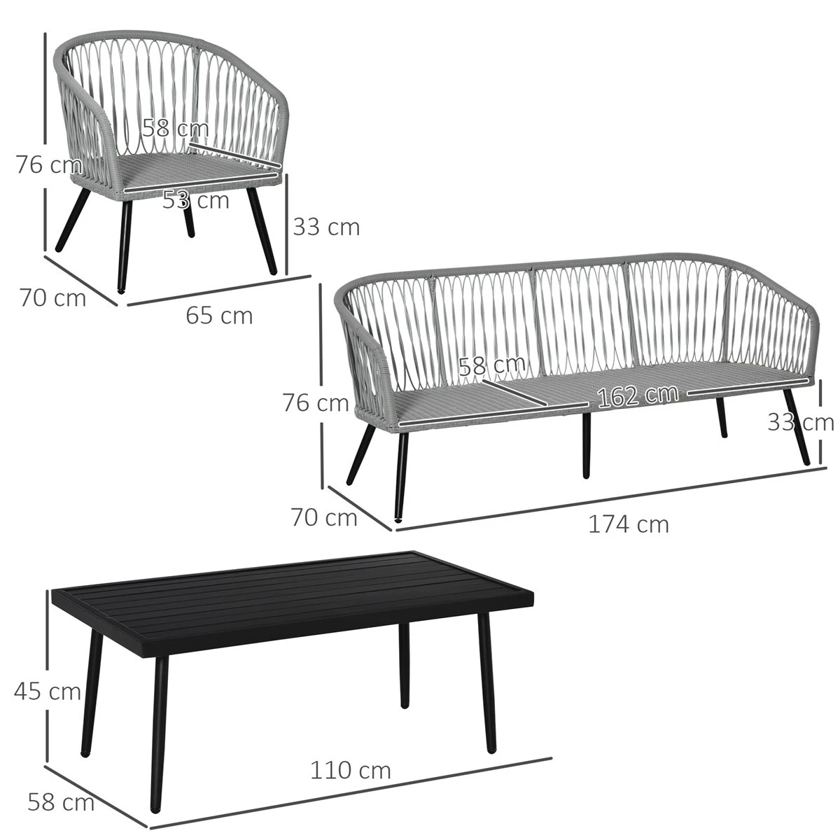 Outsunny Conjunto De Muebles De Ratán Y Aluminio Juego De Muebles De Jardín 4 Piezas Mesa De Café Sofá De 3 Plazas Y 2 Sillones Con Cojines Para Terraza Exterior Gris - Imagen 3