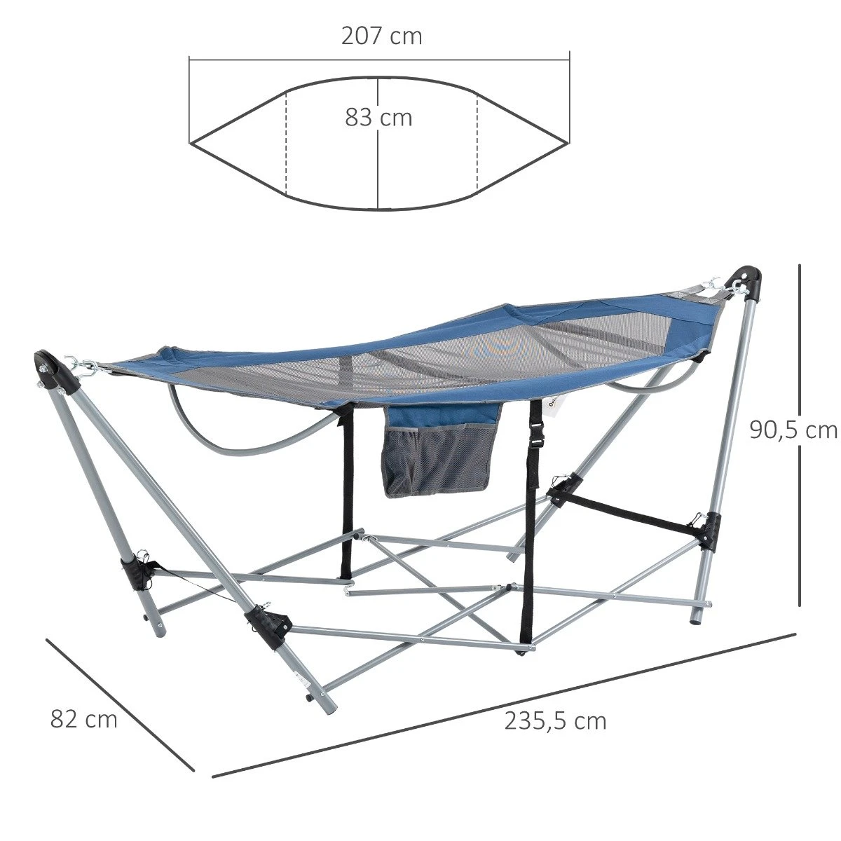 Outsunny Hamaca De Jardín Con Soporte Plegable Con Cama De Tela Oxford Y Malla Transpirable Bolsillo De Almacenaje Y Bolsa De Transporte 235,5x82x90,5 Cm Azul Y Plata - Imagen 3