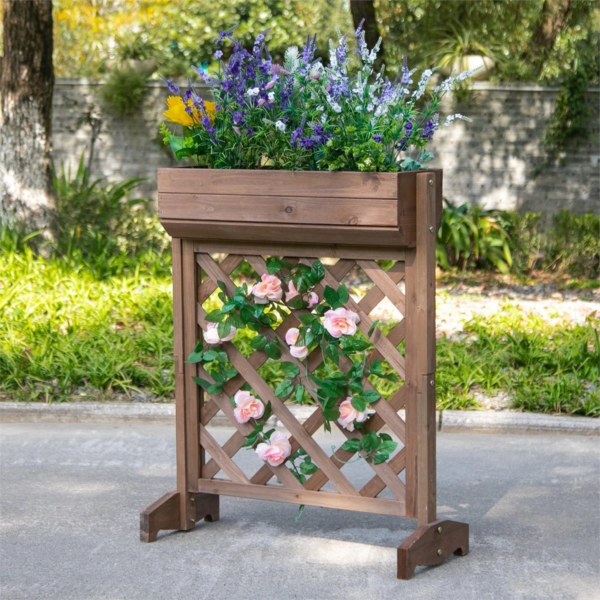 Outsunny Jardinera Con Enrejado De Madera Maciza Soporte Para Flores Plantas Trepaderas Balcón Patio Jardín Al Aire Libre 68x30x85,5 Cm Marrón - Imagen 8