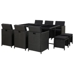 Set Comedor De Jardín 11 Piezas Y Cojines Ratán Sintético Negro VidaXL