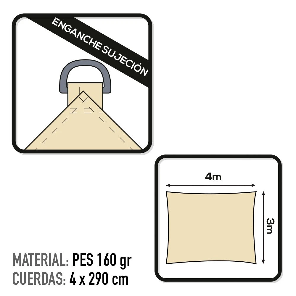 Toldo Vela Sombreo Rectangular Aktive Garden Color Crema - Imagen 3