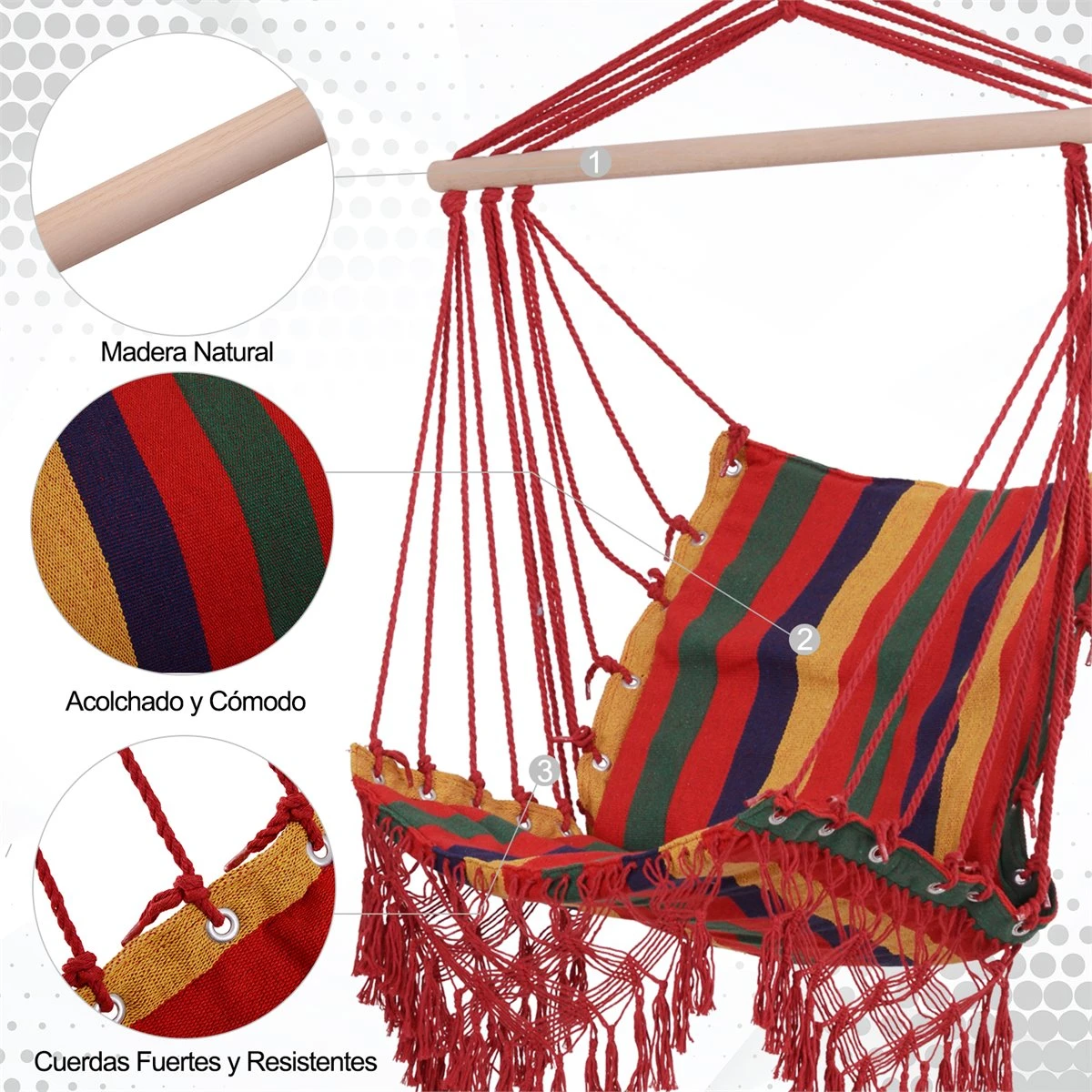 Outsunny Silla Hamaca Colgante Tejido De Algodón Poliéster Carga 100 Kg Sillón Colgante Para Interior Exterior Terraza 100x60x100 Cm Multicolor - Imagen 6