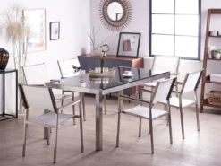 Conjunto De Jardín Mesa Con Tablero Negro De Piedra Natural 180 Cm, 6 Sillas De Tela Blanca GROSSETO