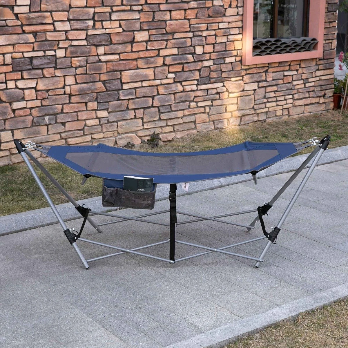 Outsunny Hamaca De Jardín Con Soporte Plegable Con Cama De Tela Oxford Y Malla Transpirable Bolsillo De Almacenaje Y Bolsa De Transporte 235,5x82x90,5 Cm Azul Y Plata - Imagen 2