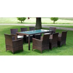 Set Comedor De Jardín 9 Piezas Y Cojines Ratán Sintético Marrón VidaXL