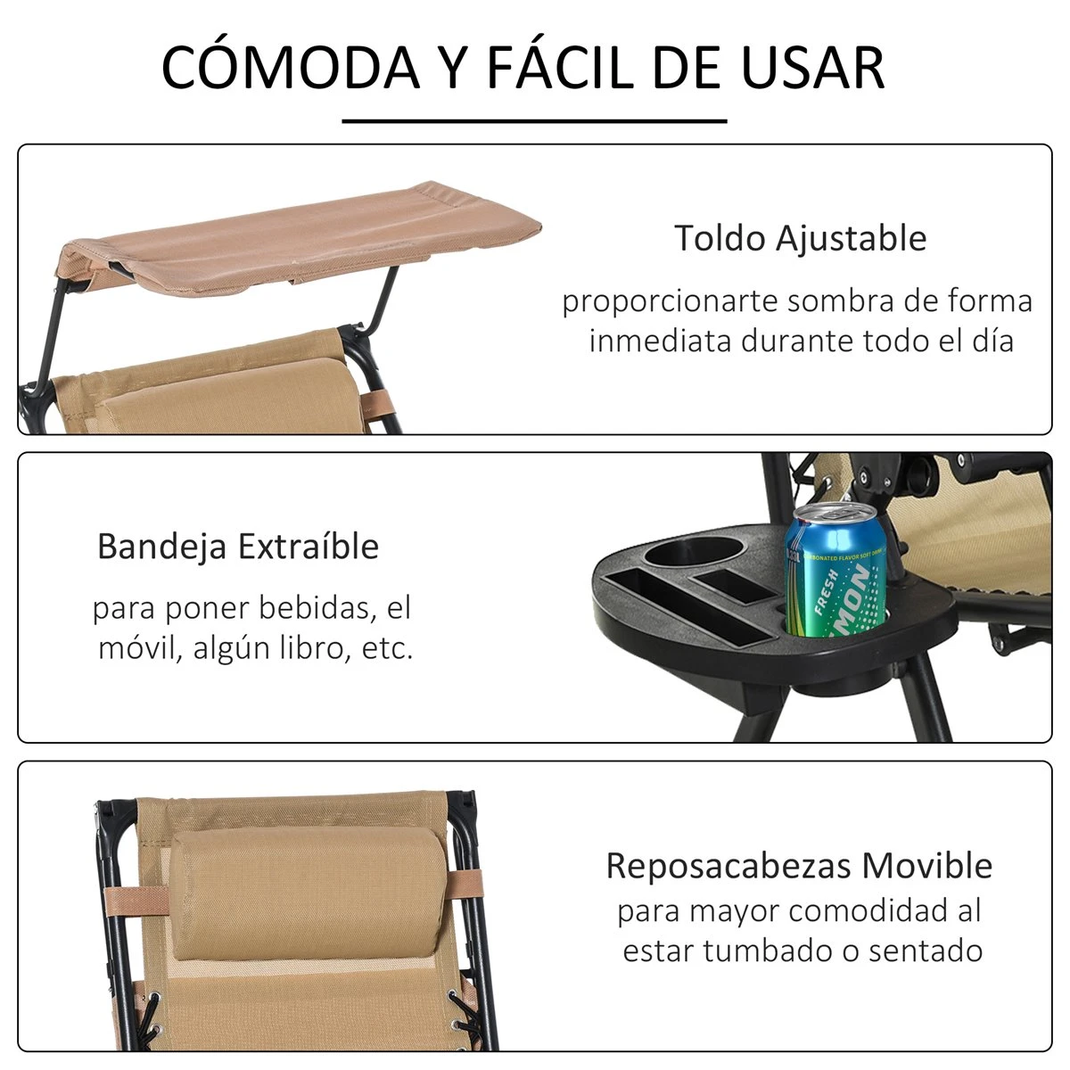Outsunny Silla Mecedora De Jardín Plegable Tumbona Reclinable Con Techo Protección Solar Reposacabezas Extraíble Y Reposapiés Estructura De Acero 120x67x102 Cm Beige - Imagen 8