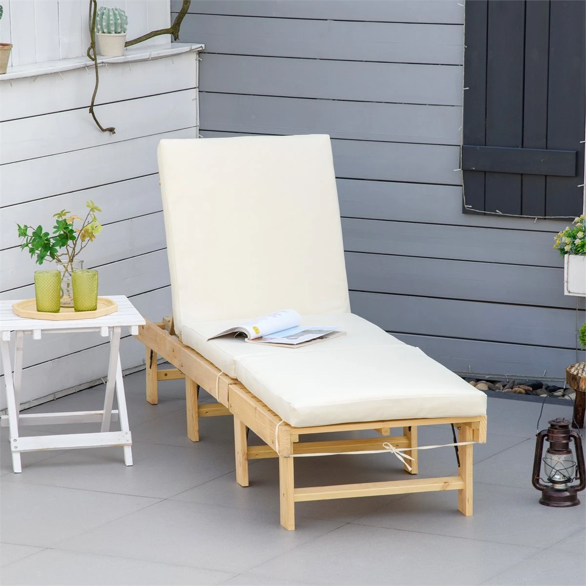 Outsunny Tumbona De Madera Plegable Con Respaldo Ajustable En 4 Posiciones Cojín Extraíble Carga 113 Kg Para Jardín Terraza Camping Exterior 195x59x30 Cm Natural - Imagen 2