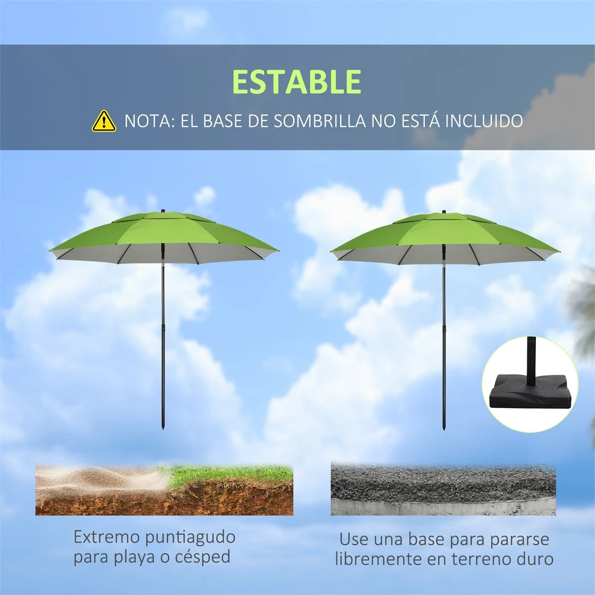 Outsunny Sombrilla De Playa Ø185x205 Cm Parasol Para Terraza Con Techo Doble Ángulo Ajustable Protección UV30+ 8 Varillas De Acero Y Bolsa De Transporte Verde - Imagen 7