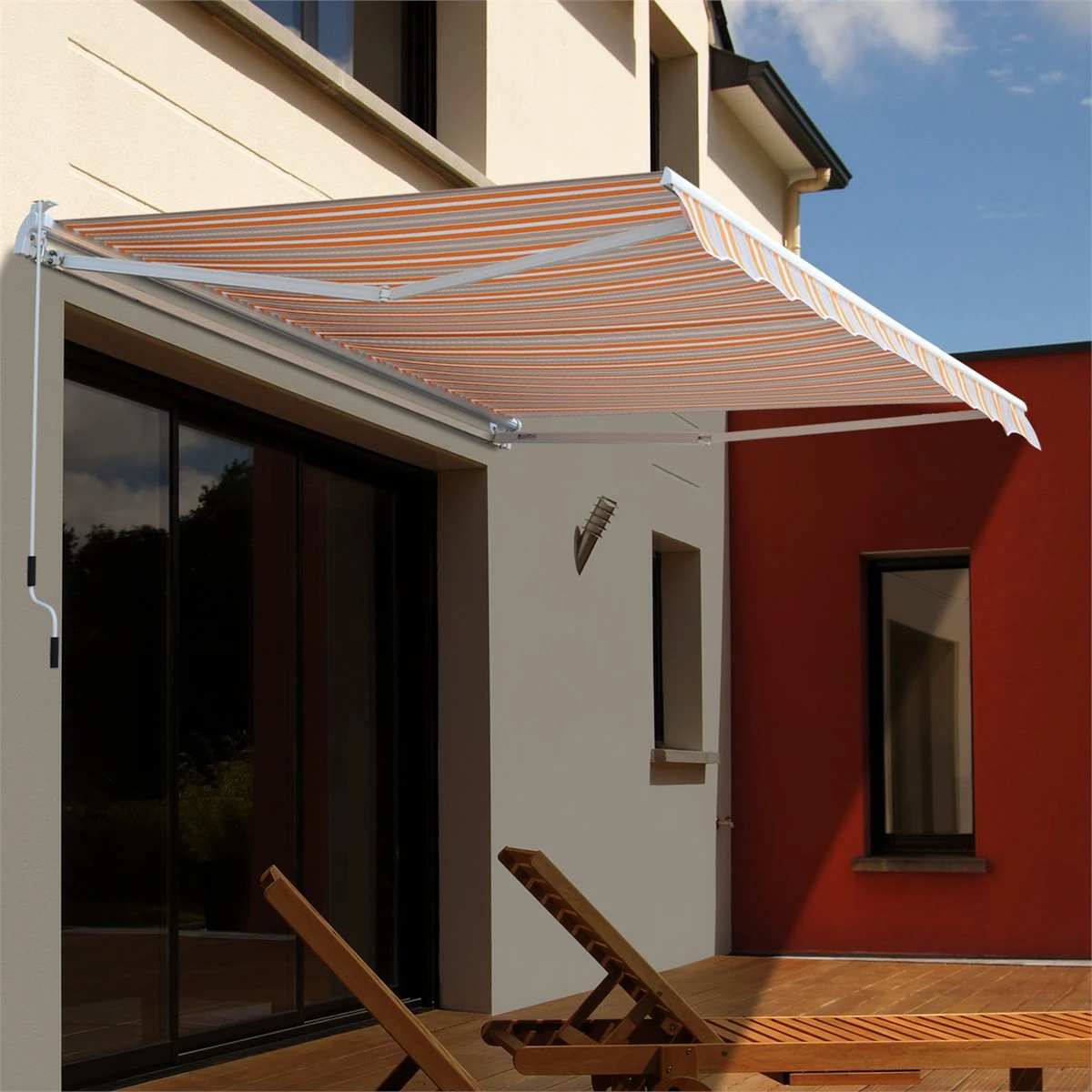 Outsunny Toldo Retráctil Con Manivela Toldo De 300x250cm Con Brazo Articulado De Aluminio Y Poliéster 280g/m² Rayas Naranja Beige Y Blanco - Imagen 2