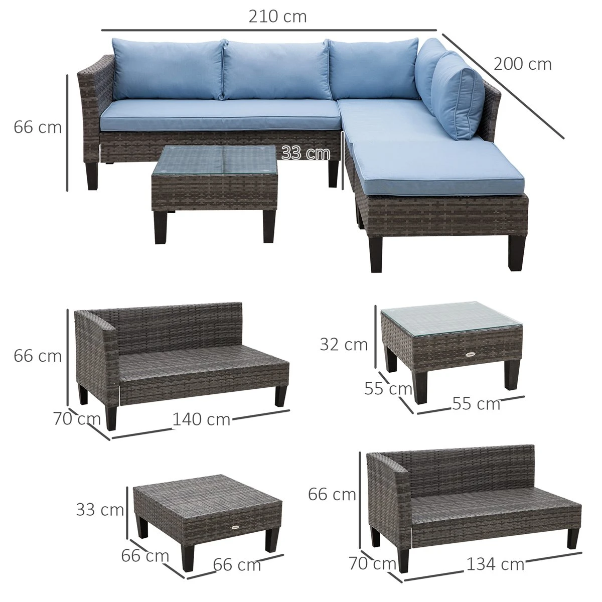 Outsunny Conjunto De Sofás De Ratán Para Exterior Modulares Con Cojines Desenfundables Mesa De Centro Y Puf Independiente - Imagen 3